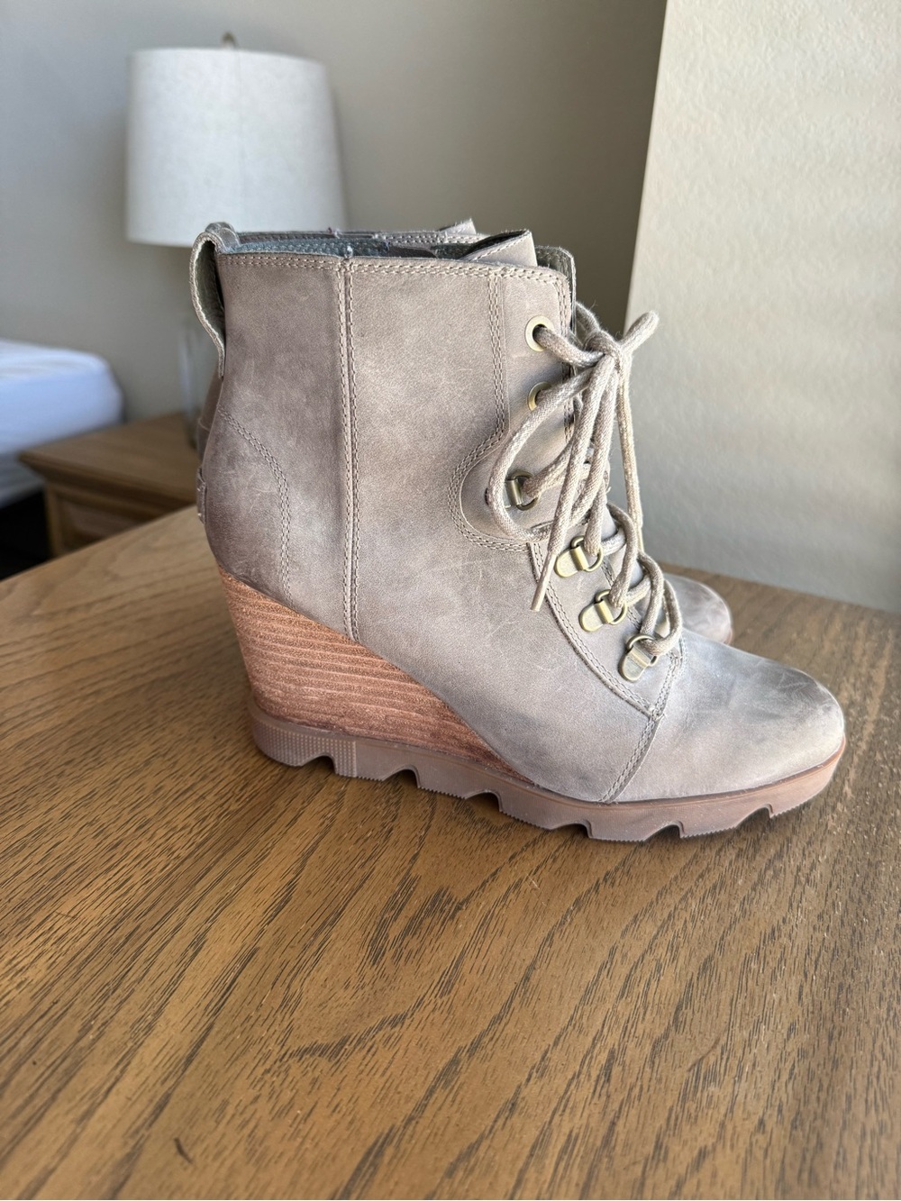 Sorel Taupe Lace-Up Wedge Ankle Boots